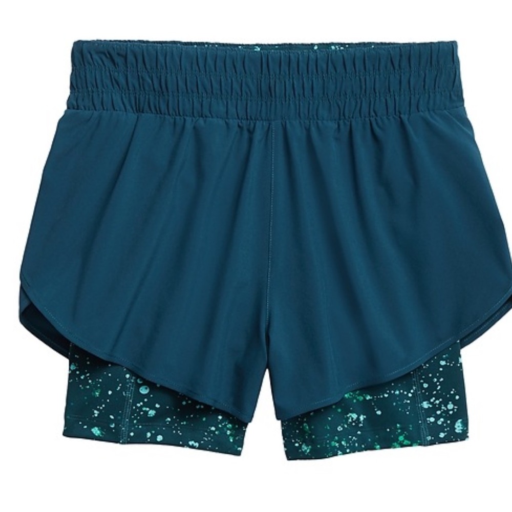 Athleta Women's Hiit It 2-in-1 Turquoise Blue Green Speckled Shorts size M